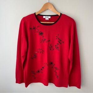 Alia Vintage Red Holiday Embroidered Floral Sweater with black accents